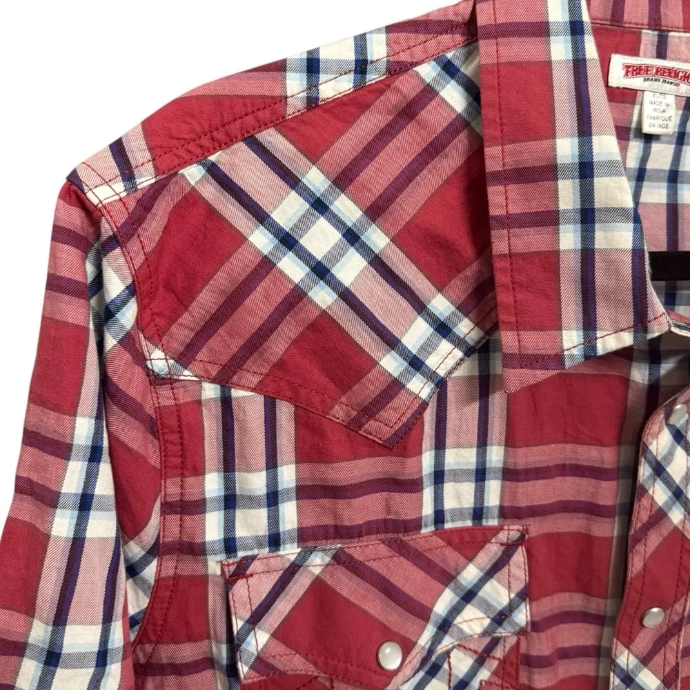 TRUE RELIGION MEN RED PLAID PEARL SNAP BUTTON DOWN SHORT SLEEVE WESTERN SHIRT XL